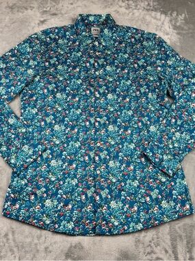 Zara Floral Button Up Shirt Mens XL Slim Fit Long Sleeve Blue Teal 100% Cotton